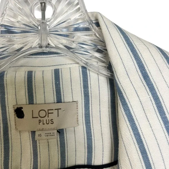 LOFT PLUS NWT Striped Blazer Jacket 16 Linen Blue‎ White Single Button - Picture 5 of 7